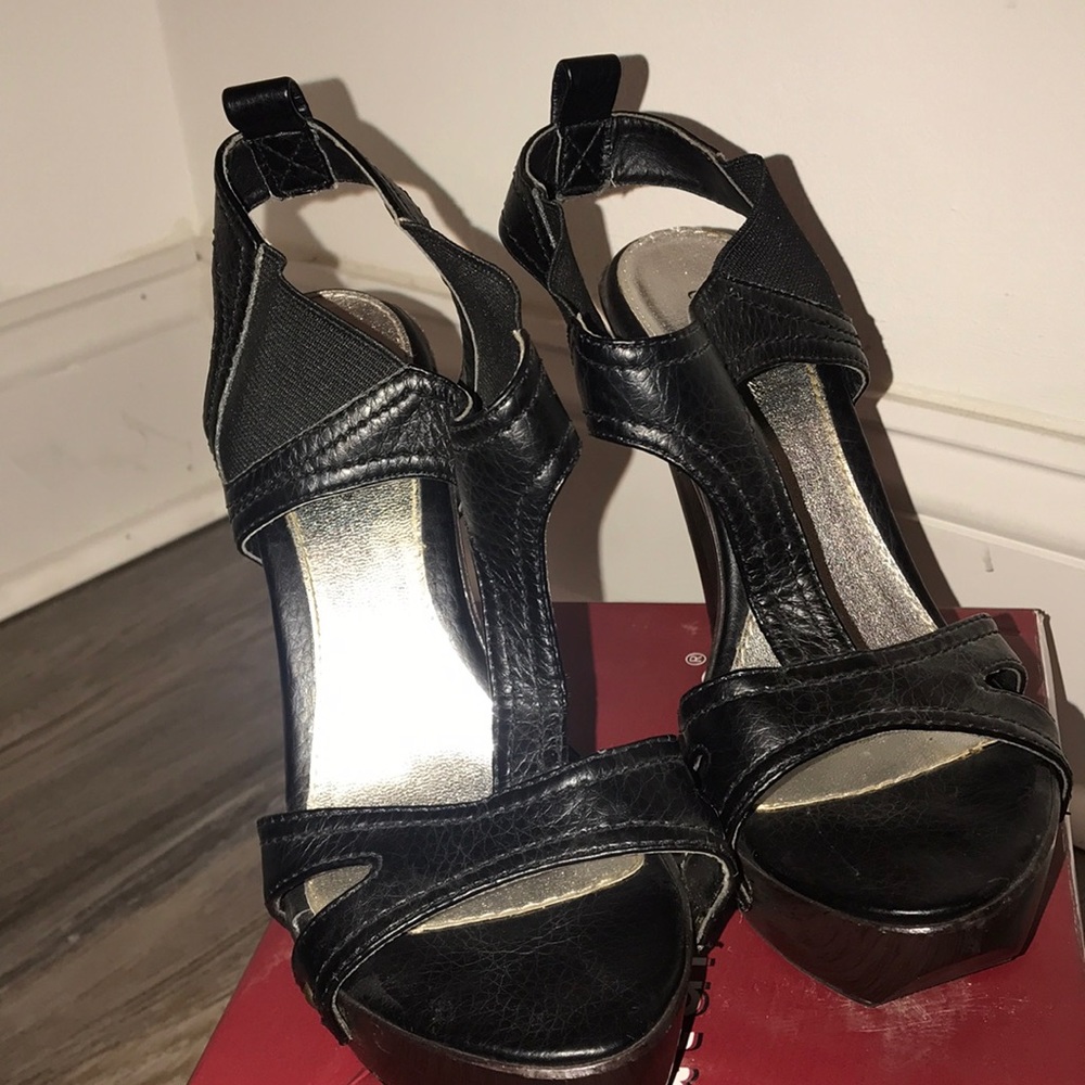 T strap wooden heels